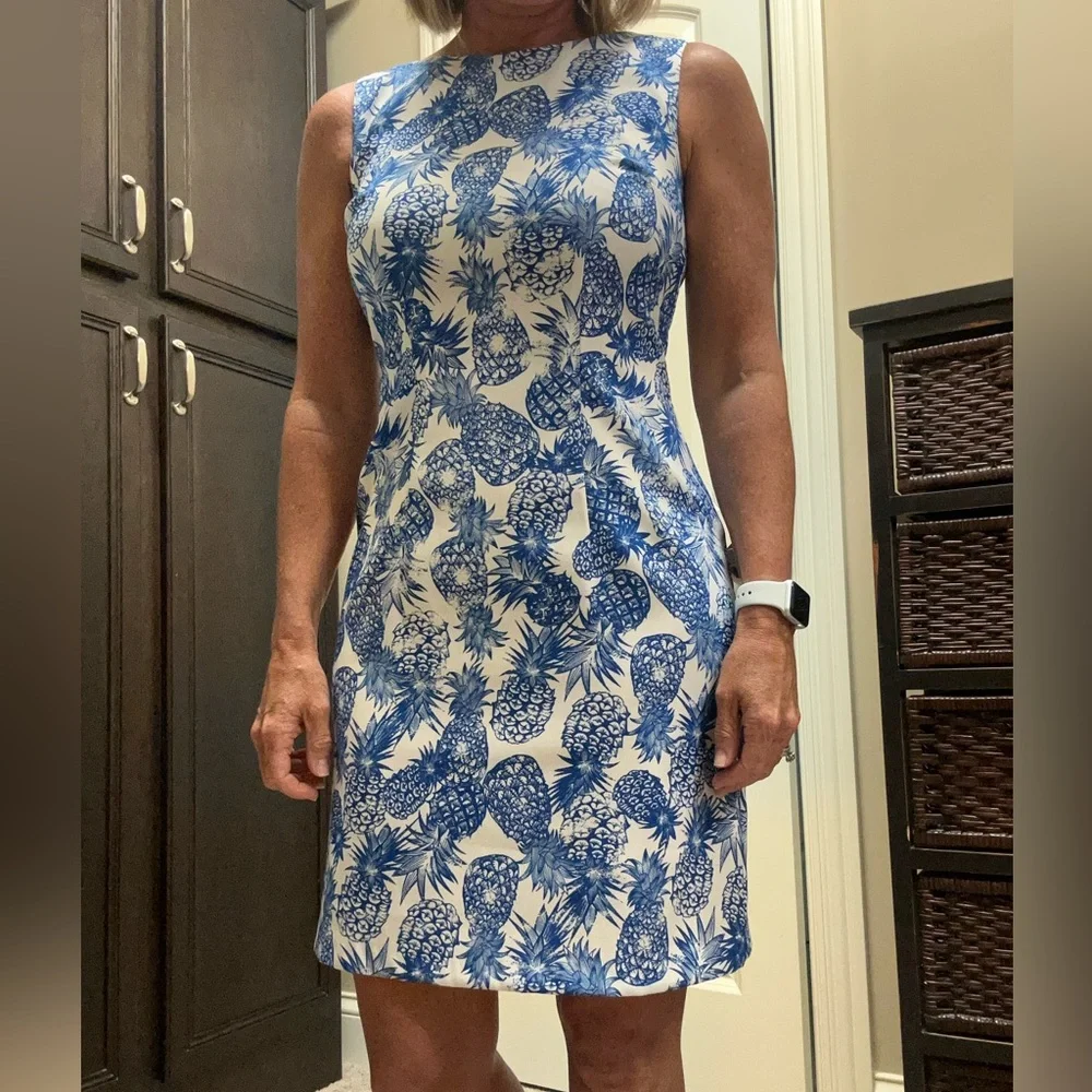 Blue and White Sleeveless pineapple Dress - Picture 1 of 7